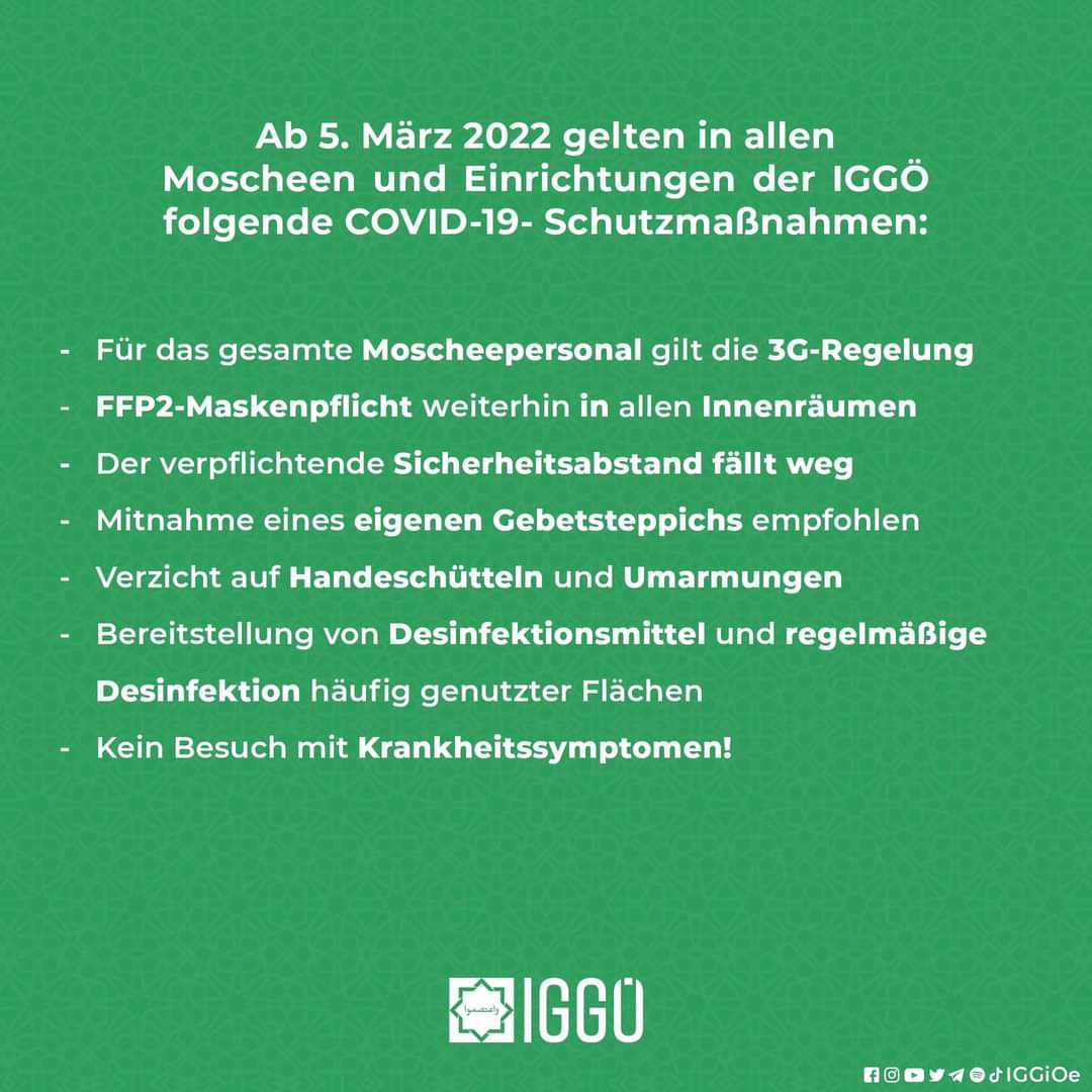 Read more about the article Ab Samstag, den 5. März 2022 gelten in allen Moscheen und Einrichtungen der IGGÖ neue Covid-19-Schutzmaßnahmen!